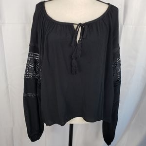 Shyanne Black Long Sleeve Peasant Blouse with Tassel Tie